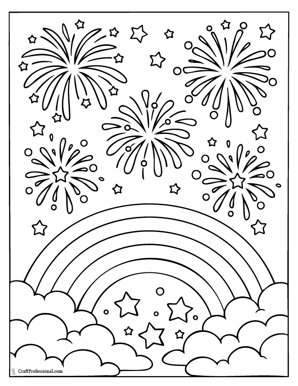 Rainbow fireworks bursting in the sky above a waving flag in a festive coloring page.