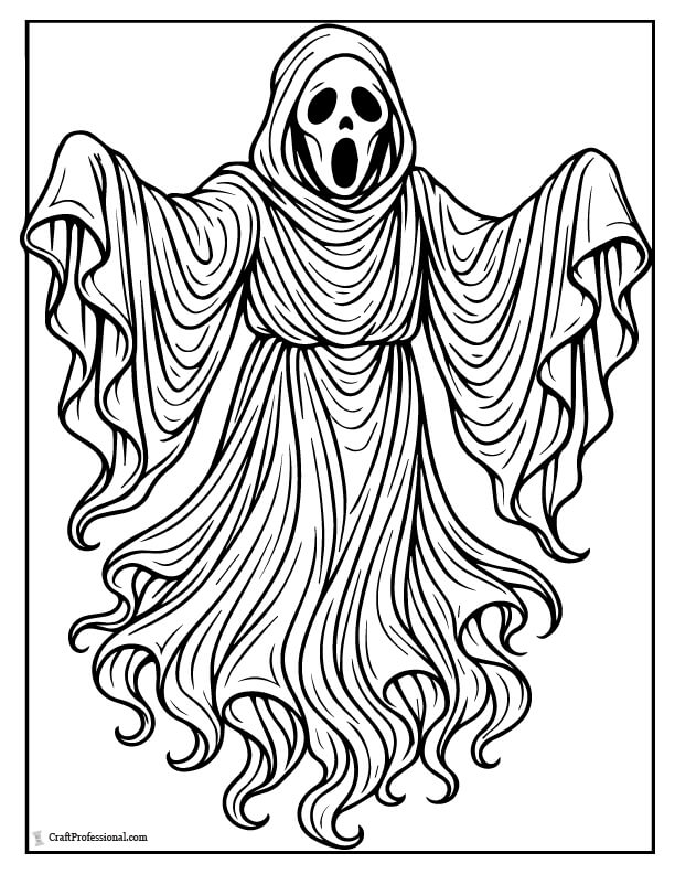 Floating ghost with long flowing robes, detailed coloring page