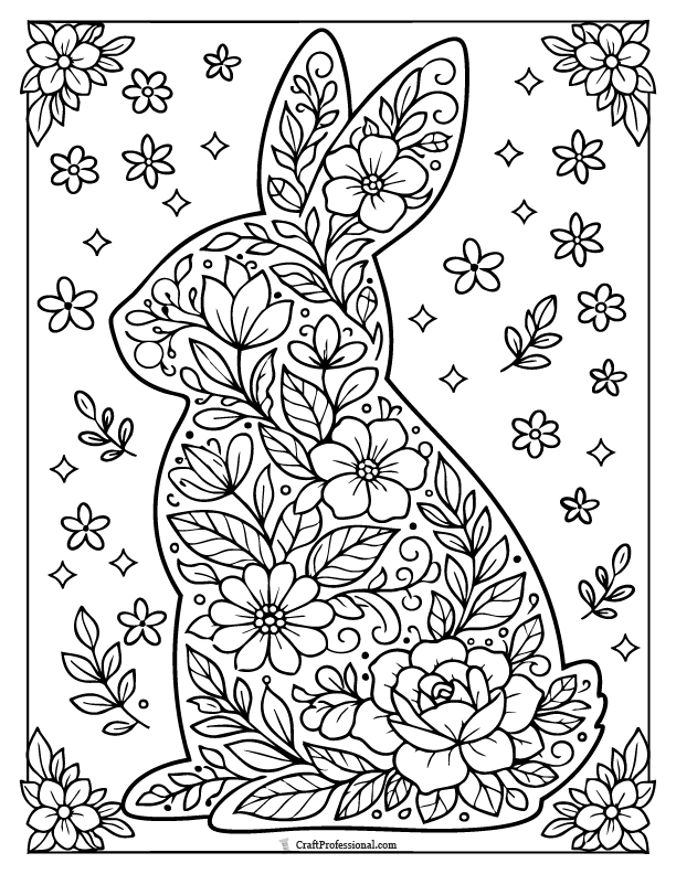 Floral bunny outline Easter coloring page filled with leaves and flowers for adults.