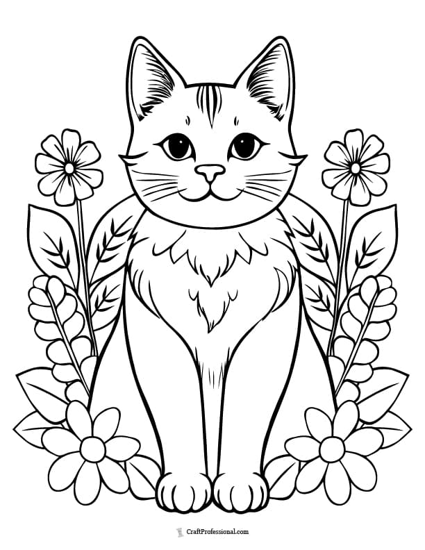 Cat standing in a flower meadow coloring sheet