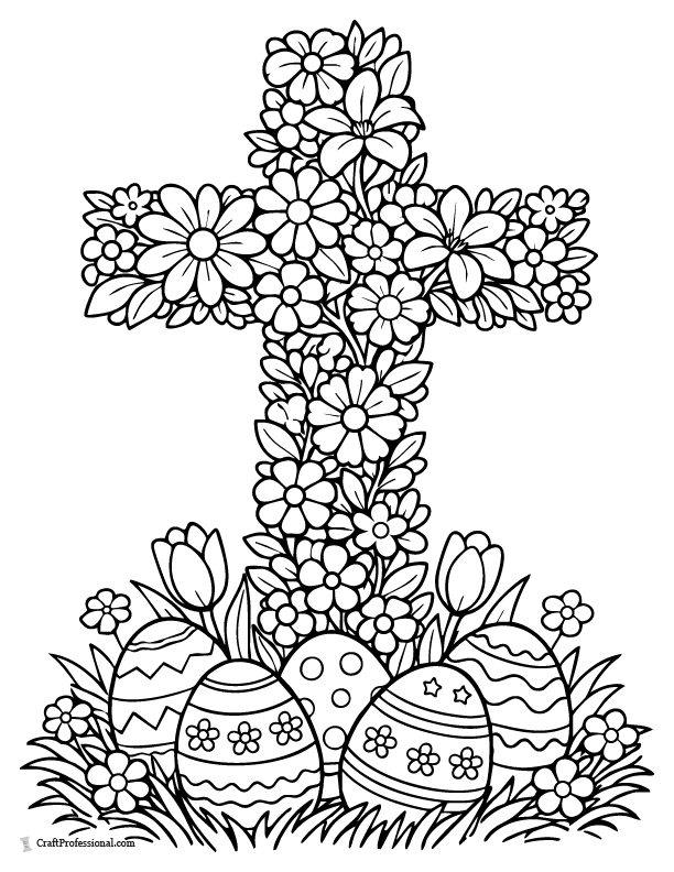 Large cross made of flowers with Easter eggs coloring page.