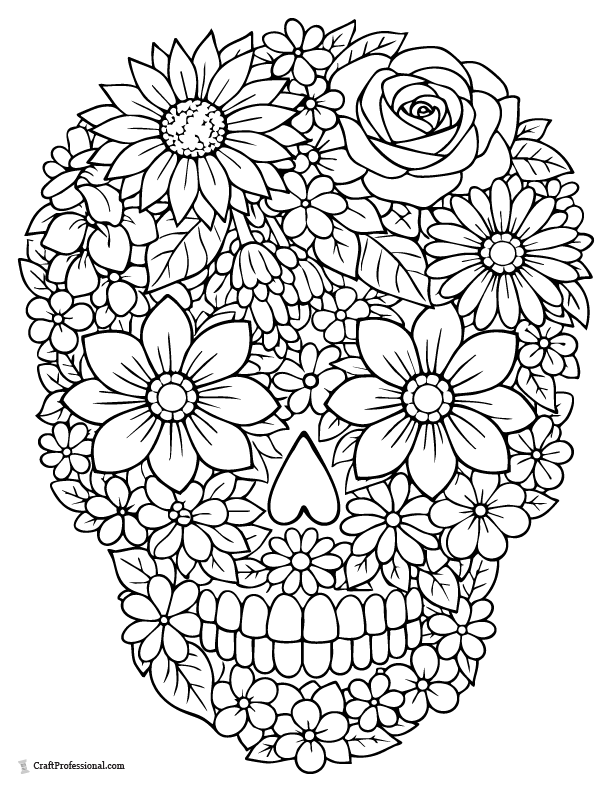Floral skull coloring page with layered flowers forming decorative skull pattern.