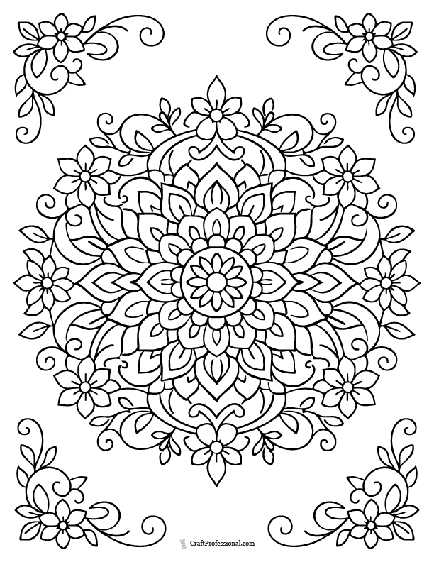 Floral vine mandala coloring page with decorative flower patterns.