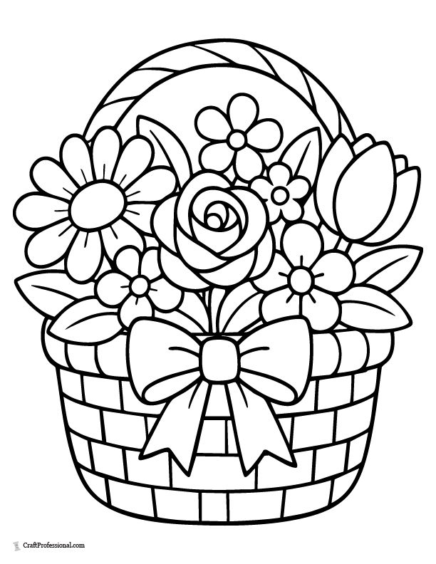 Flower bouquet coloring page in a basket with ribbon and multiple blooms.