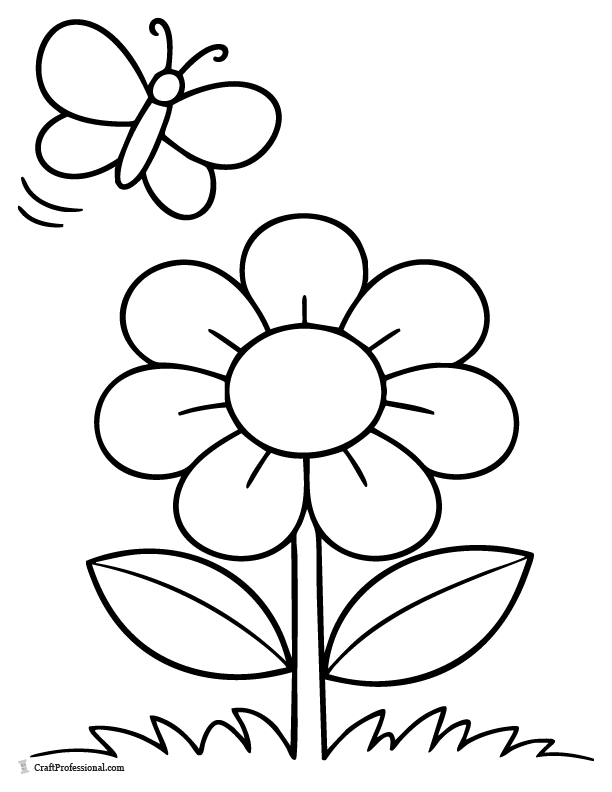 Simple flower coloring page with butterfly above the bloom.