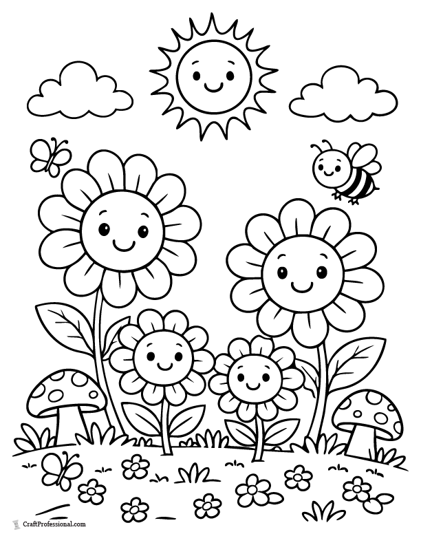 Cartoon flower family coloring page with parent and baby flowers.