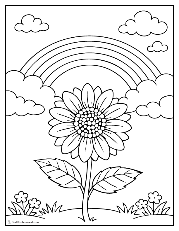 Flower coloring page with rainbow and cloud background.
