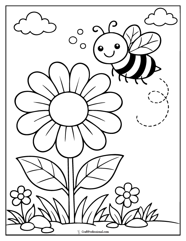 Flower coloring page with rounded petals and friendly bee flying nearby.