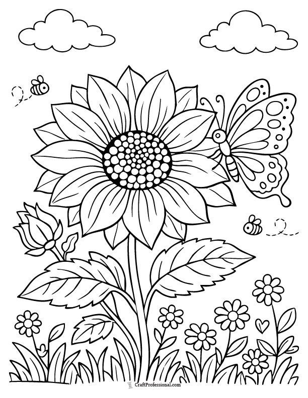Cute flower coloring page with butterfly friend nearby.