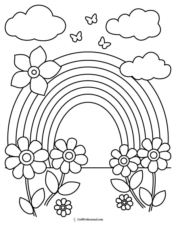 Rainbow, daisies, and clouds coloring page