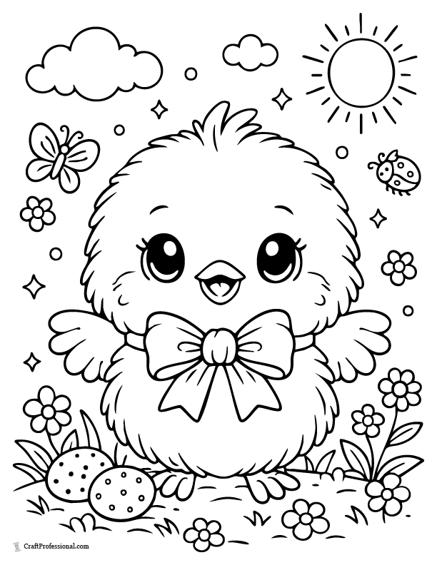 Fluffy baby chick with bow cute Easter coloring page printable.