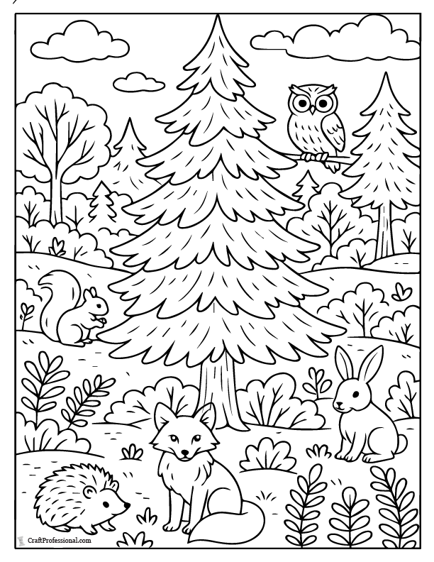 Evergreen tree in the forest surrounded by woodland animals, coloring page.