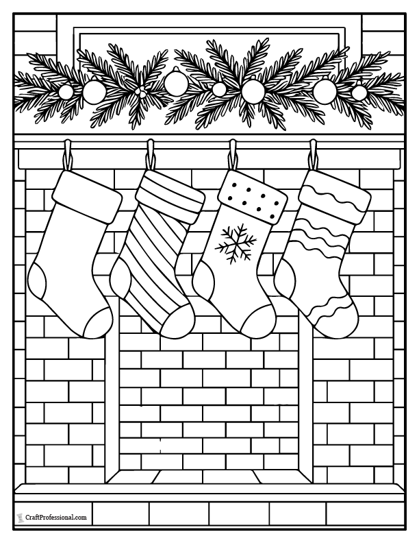 Four Christmas stockings hanging on a mantel, coloring page.
