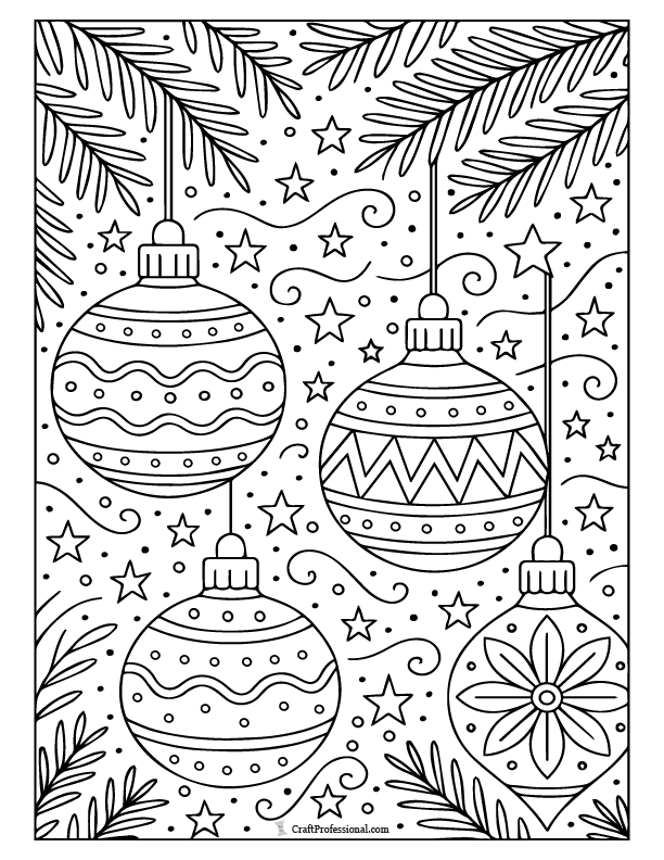 Four large Christmas ornaments, coloring page.