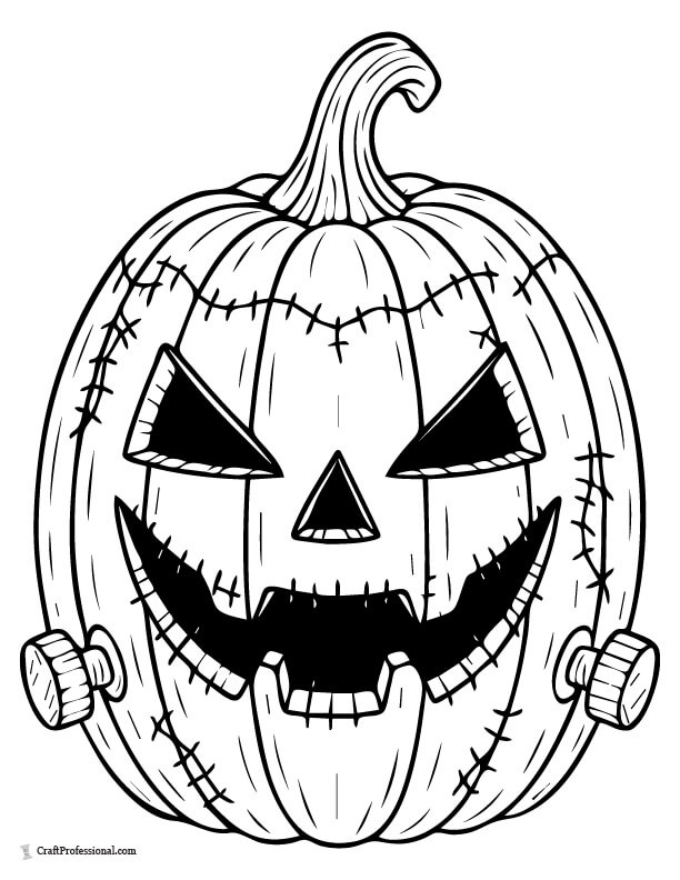 Jack o'lantern with Frankenstein stitches and bolts, coloring sheet