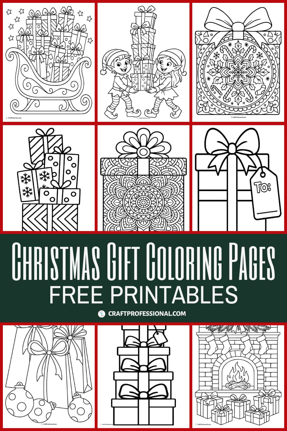 Collage of free printable Christmas gift coloring pages featuring wrapped presents, bows, and festive designs. Text overlay reads “Christmas gift coloring pages, free printables.”