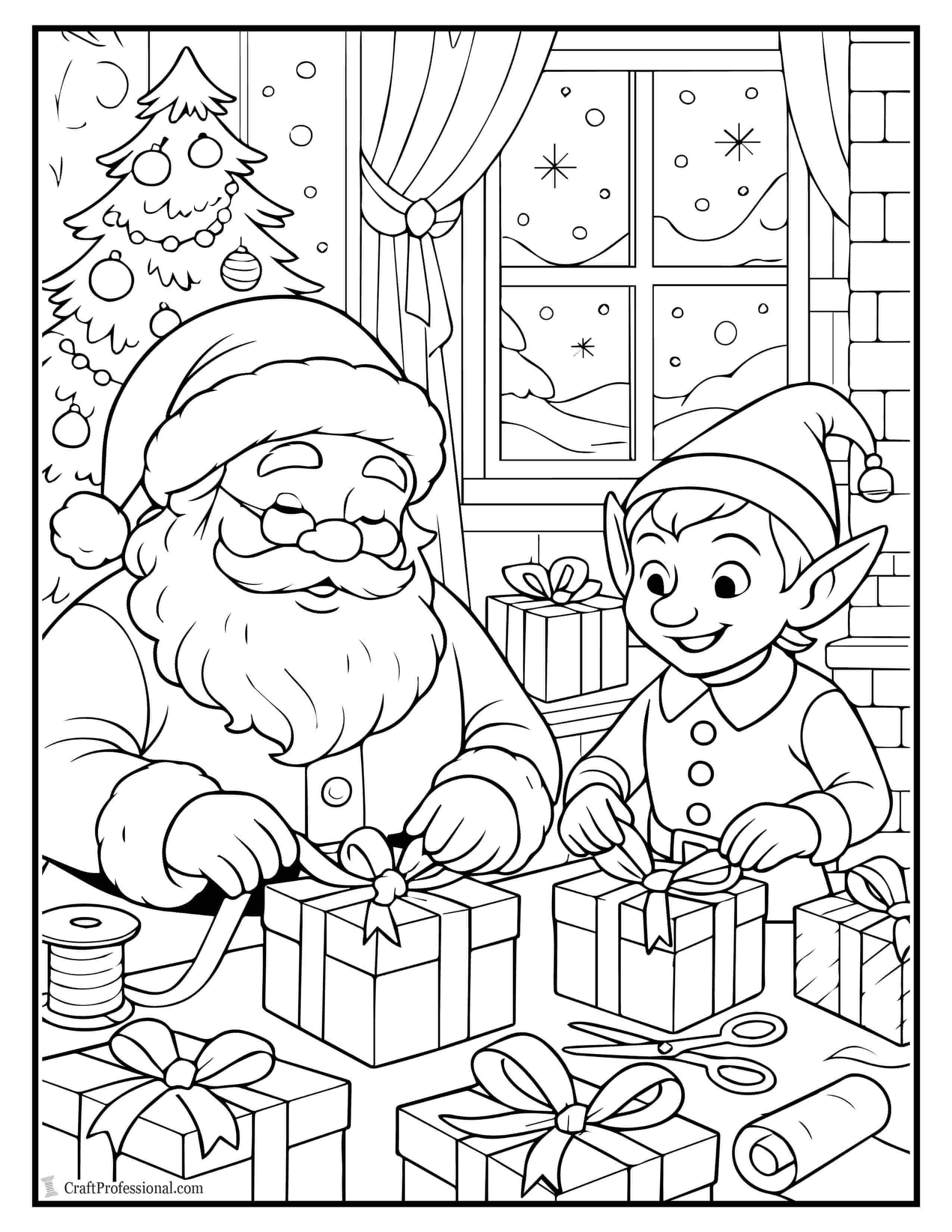 Santa and elf wrapping presents coloring page