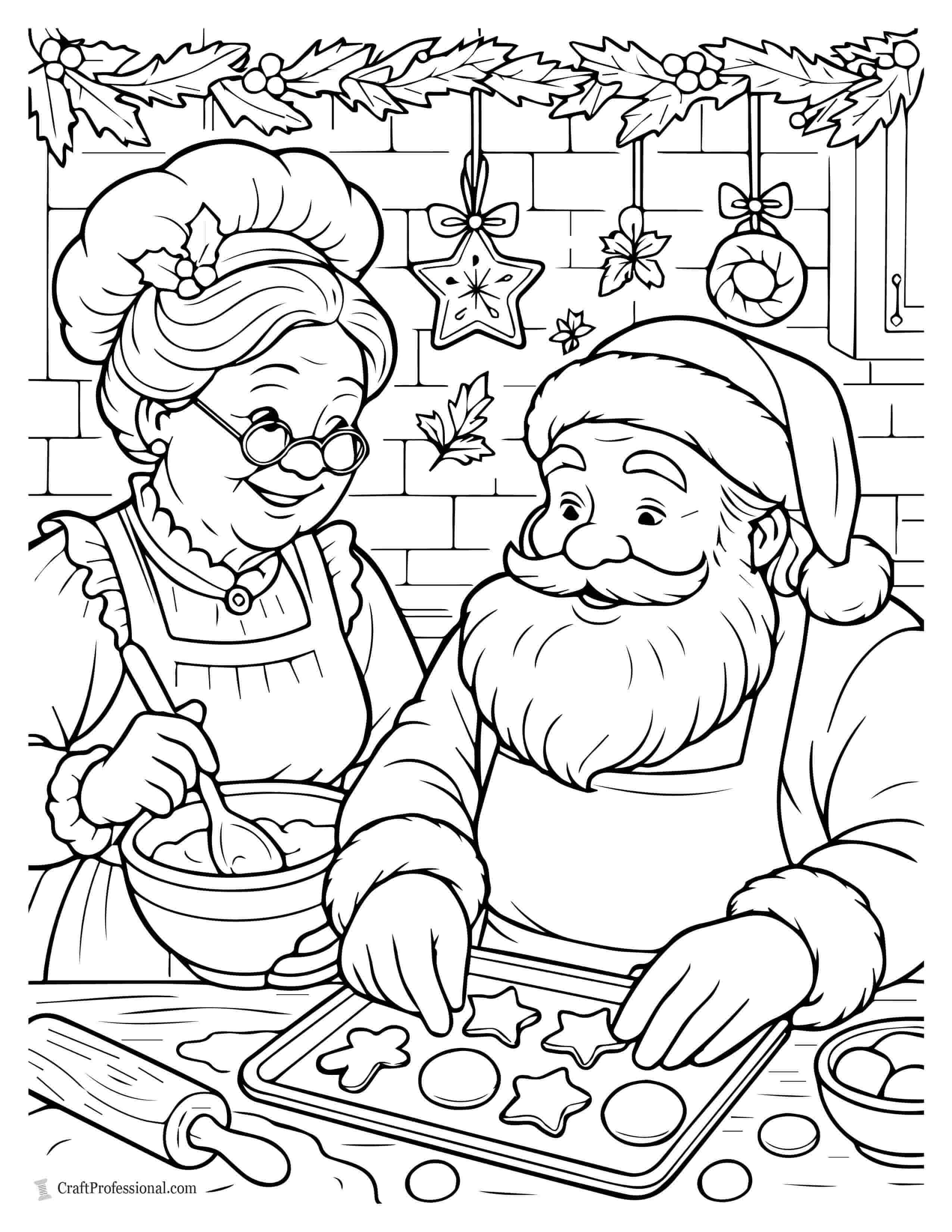 Santa and Mrs. Claus baking cookies coloring page