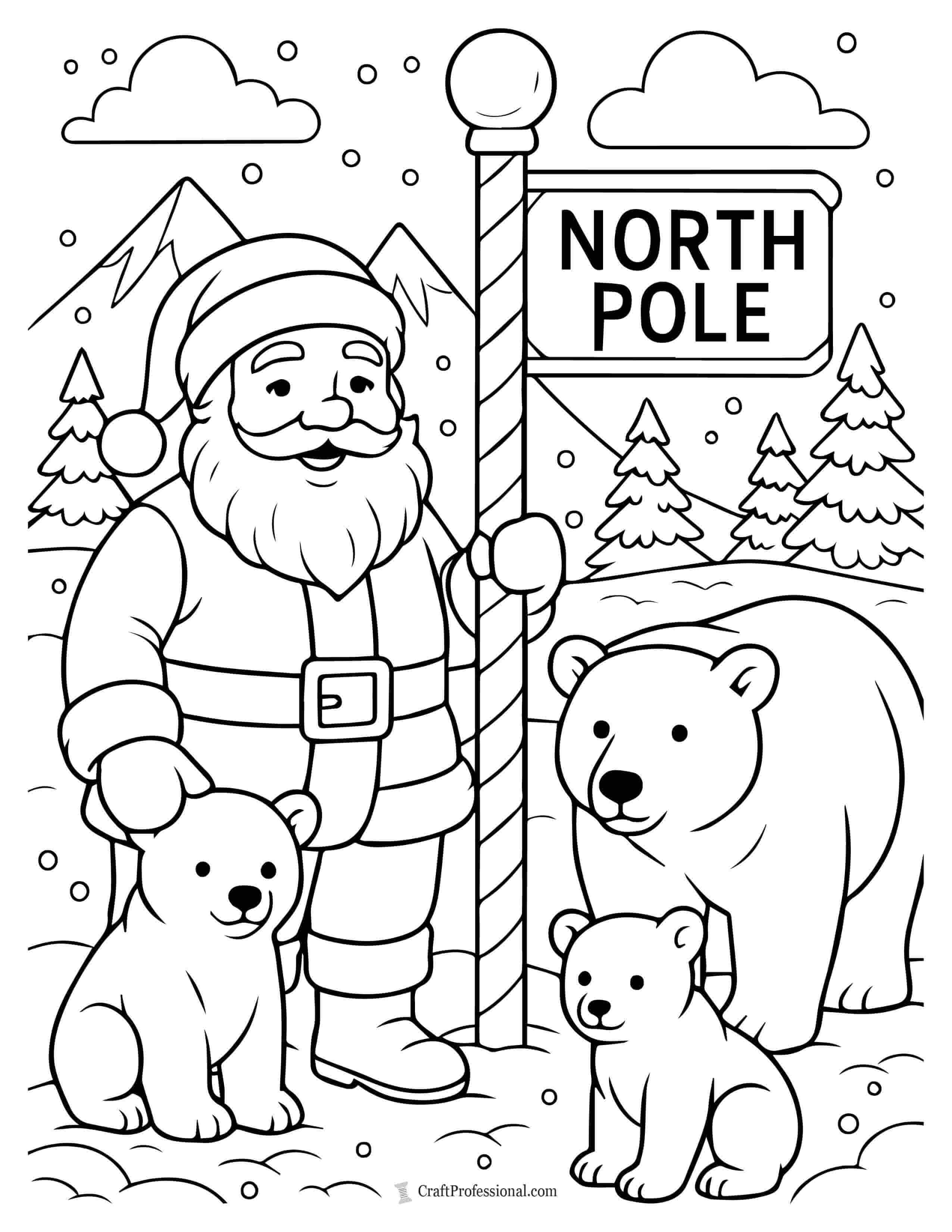 Santa at the North Pole with polar bears coloring page