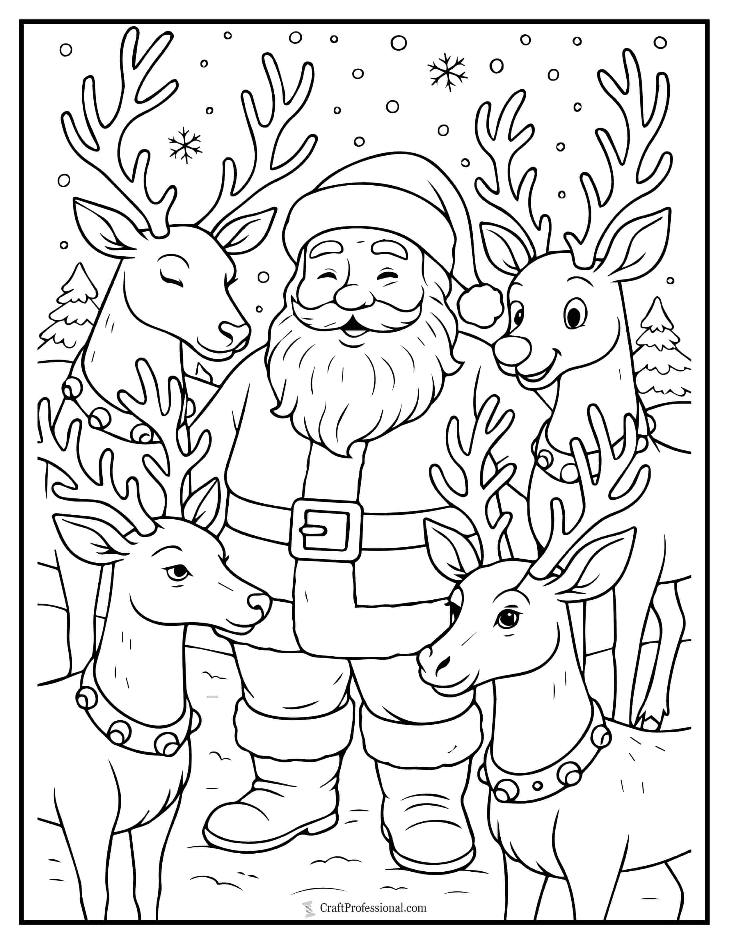 Santa with Rudolph and other reindeer coloring sheets