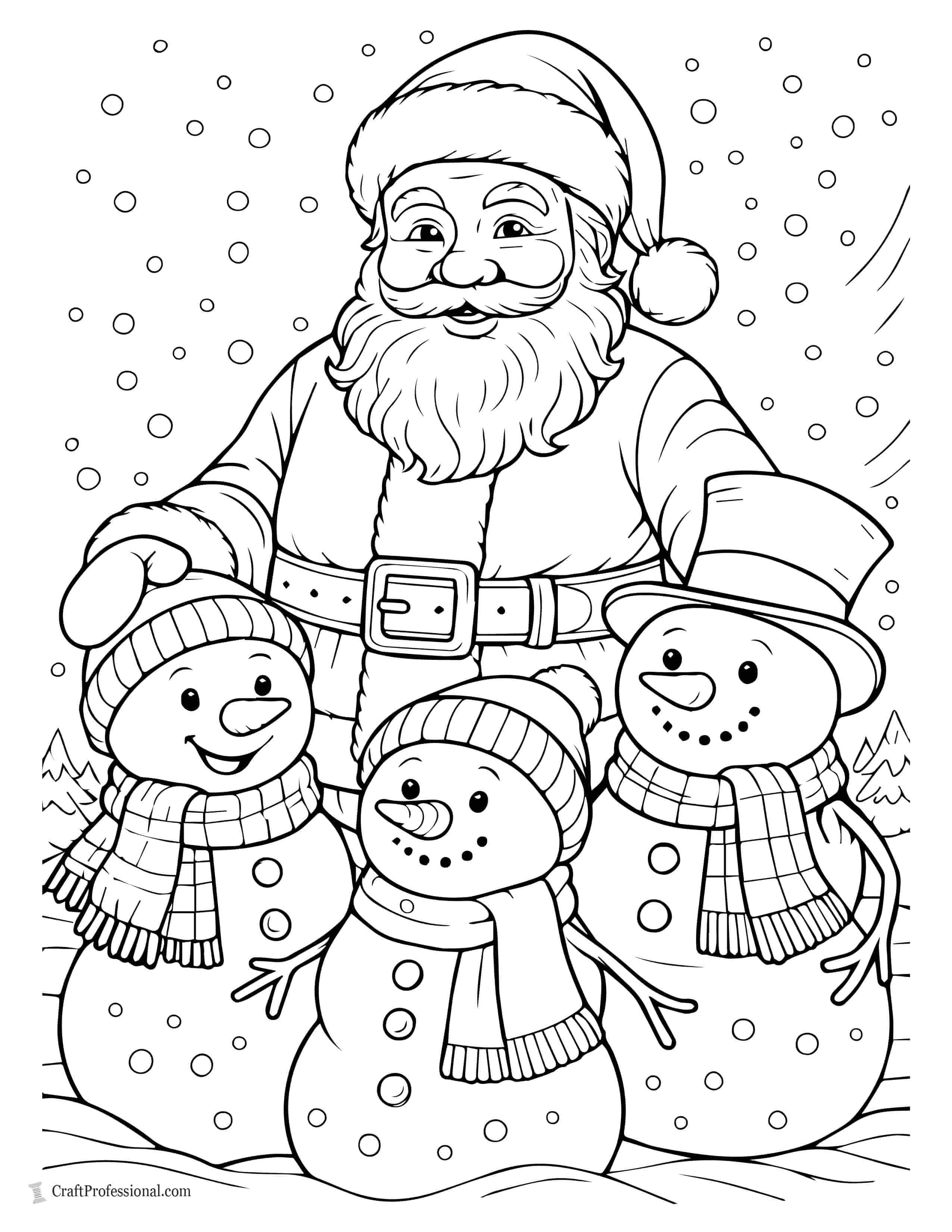 Santa with a group of snowmen coloring page