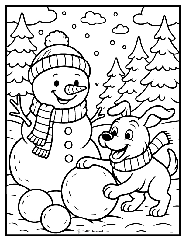 Snowman and dog building snowballs, coloring page.