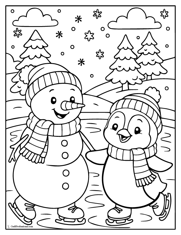 Snowman and penguin ice skating, coloring page.
