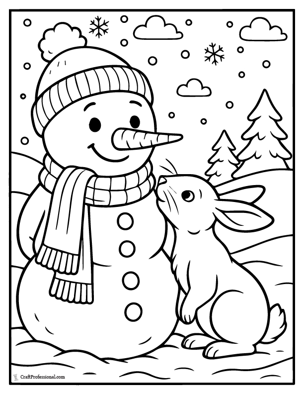 Snowman and snow bunny, coloring page.