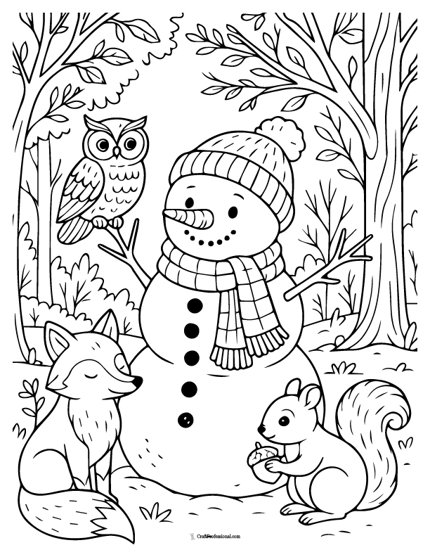 Snowman with woodland friends, surrounded by a fox, squirrel, and owl, coloring page.
