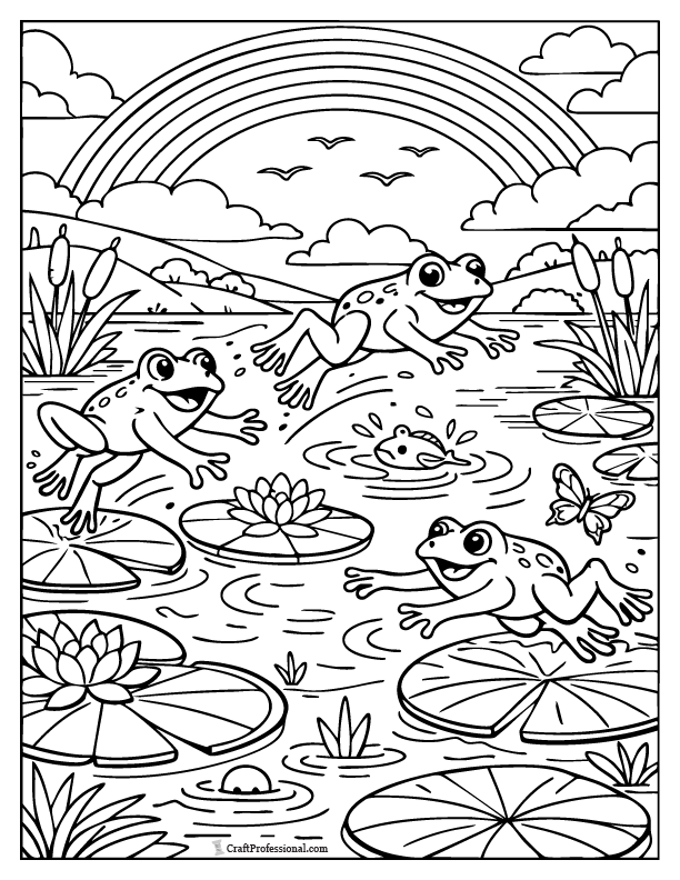 Frogs jumping on lily pads beneath a rainbow in this nature-themed coloring page.