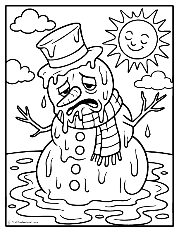 Melting snowman in the sun, coloring page.
