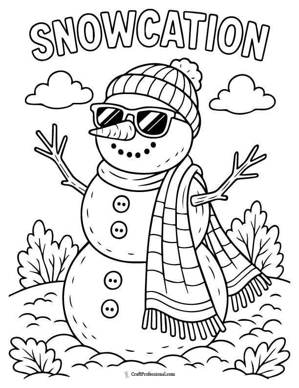 Snowman wearing sunglasses on a beach vacation, coloring page.