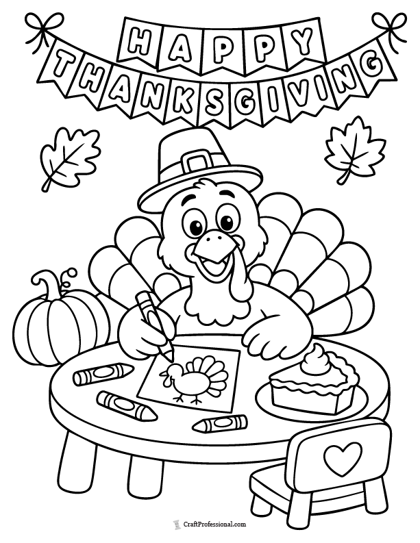 Funny turkey coloring page sitting at a Thanksgiving kids table.