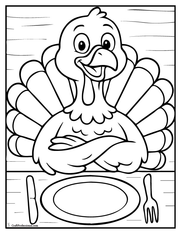 Turkey sitting at a dinner table with an empty plate coloring page