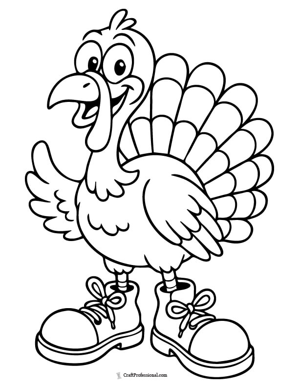 Funny cartoon turkey wearing too-large shoes coloring page
