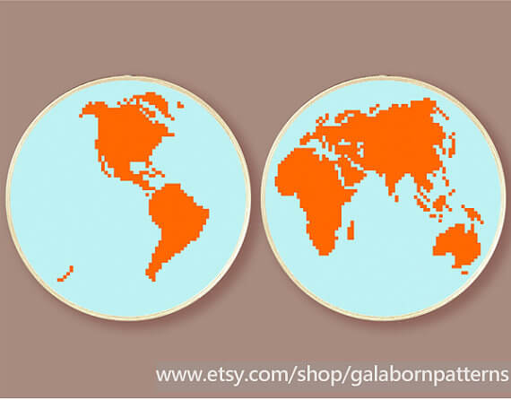 World map counted cross stitch at Galaborn Patterns