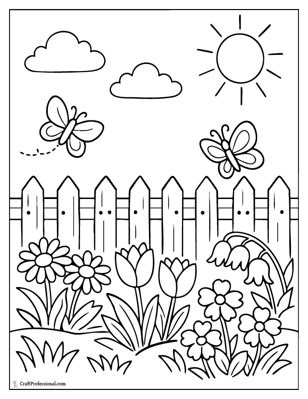 Garden flower coloring page with fence, butterflies, and multiple blooms.
