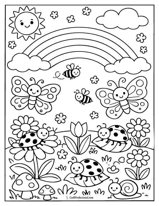 Coloring page with ladybugs, bees, and butterflies in a flower garden beneath a rainbow.