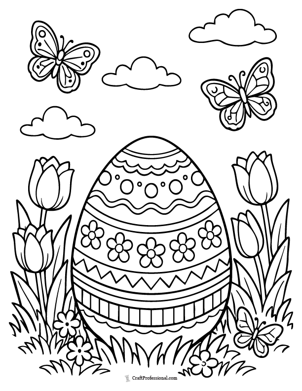 Garden-themed Easter egg coloring page with tulips and butterflies.