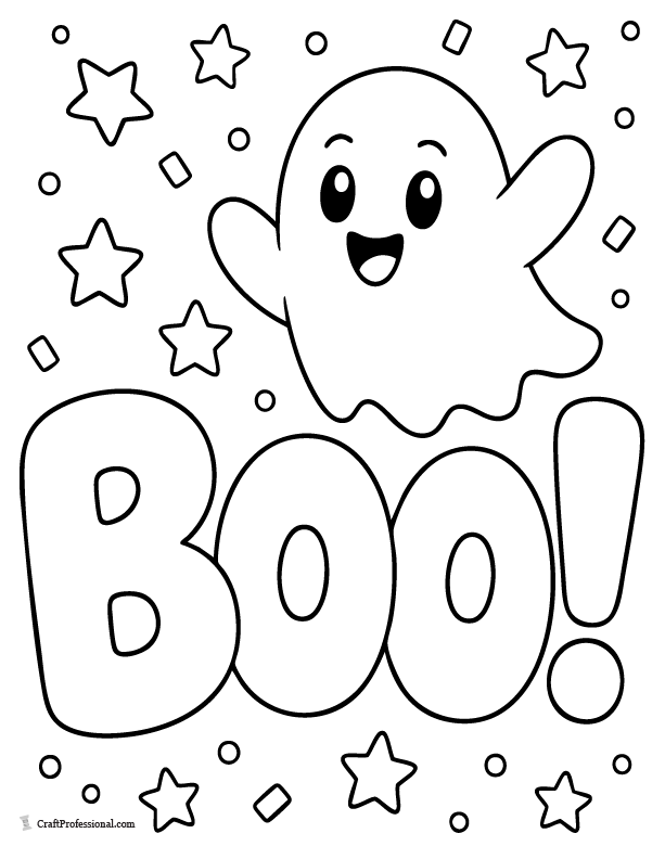 Cheerful ghost coloring page with BOO bubble letters, stars, dots, and Halloween confetti.