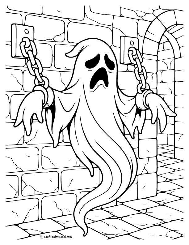 Ghost chained to a dungeon wall coloring page