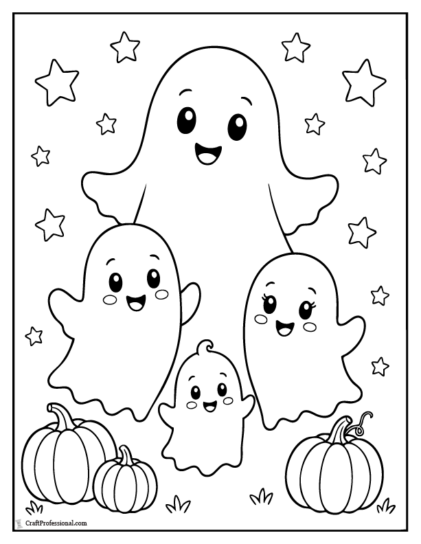 Friendly ghost family coloring page with parent and child ghosts, stars, and pumpkins.