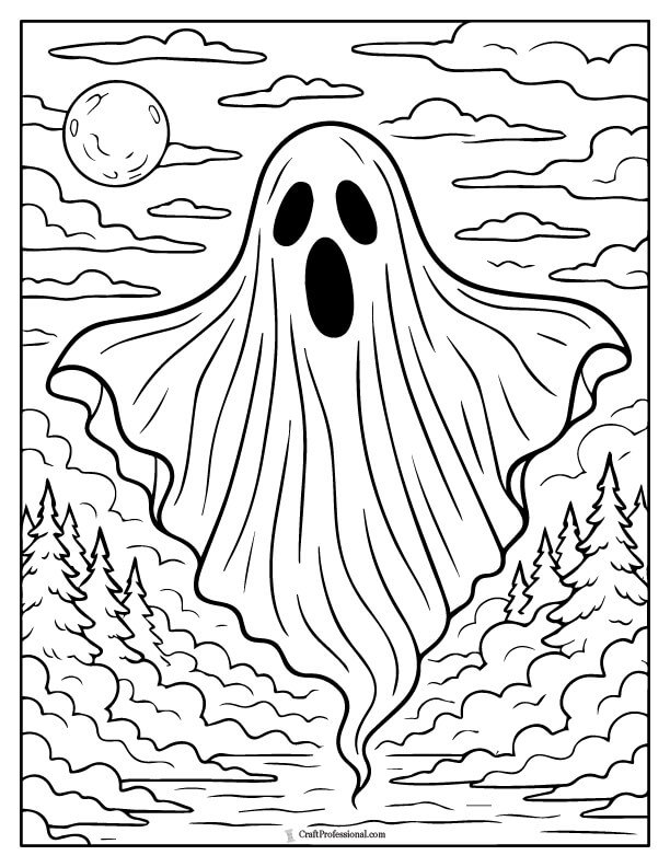 ghost floating over a lake with trees in the background, coloring page