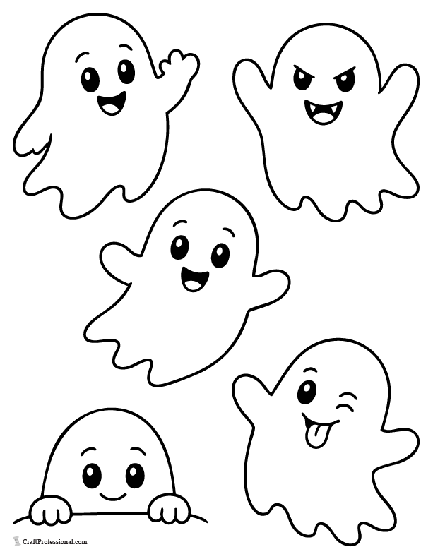 Ghost garland template coloring page with small ghost outlines to color, cut out, and string together.
