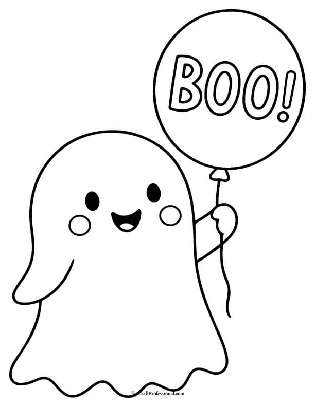 Ghost holding a balloon that says BOO!, coloring sheet
