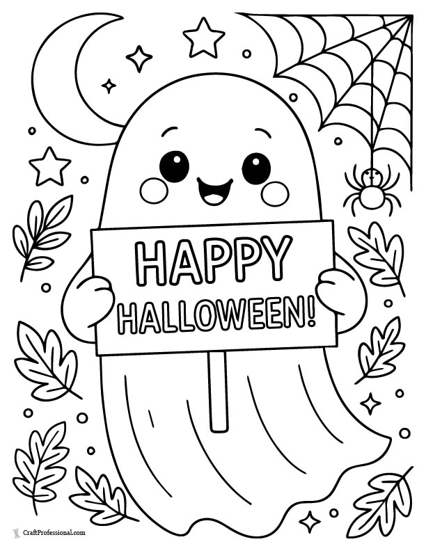 Ghost holding a sign: "Happy Halloween!" coloring sheet