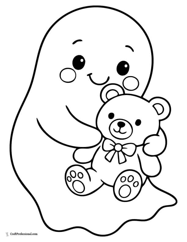 Ghost hugging a teddy bear, easy coloring page