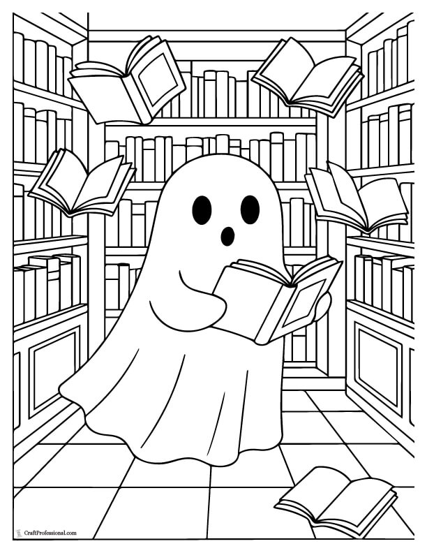 Ghost in a library with flying books coloring page