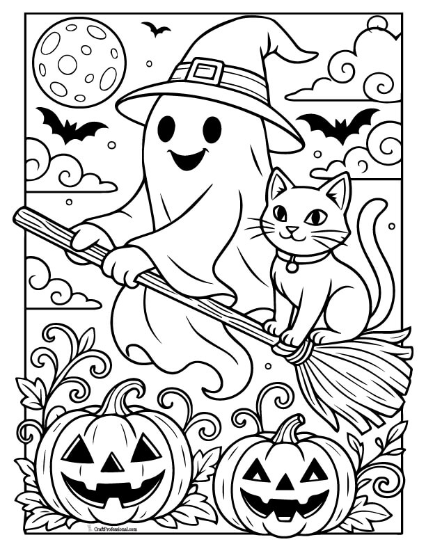 Ghost on a broomstick with a cat, coloring page