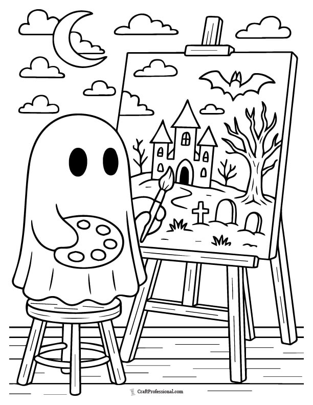 Ghost painting a spooky picture coloring sheet